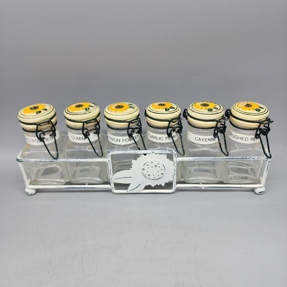 6 x Sunflower Spice Jars Metal Rack Glassware Kitchen Spice Jars VINTAGE 80s - Picture 1 of 7